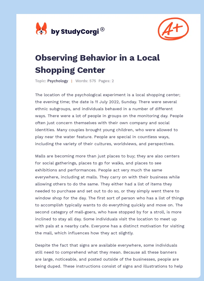 Observing Behavior in a Local Shopping Center. Page 1