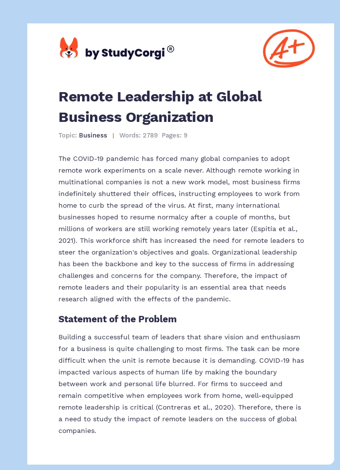 Remote Leadership at Global Business Organization. Page 1