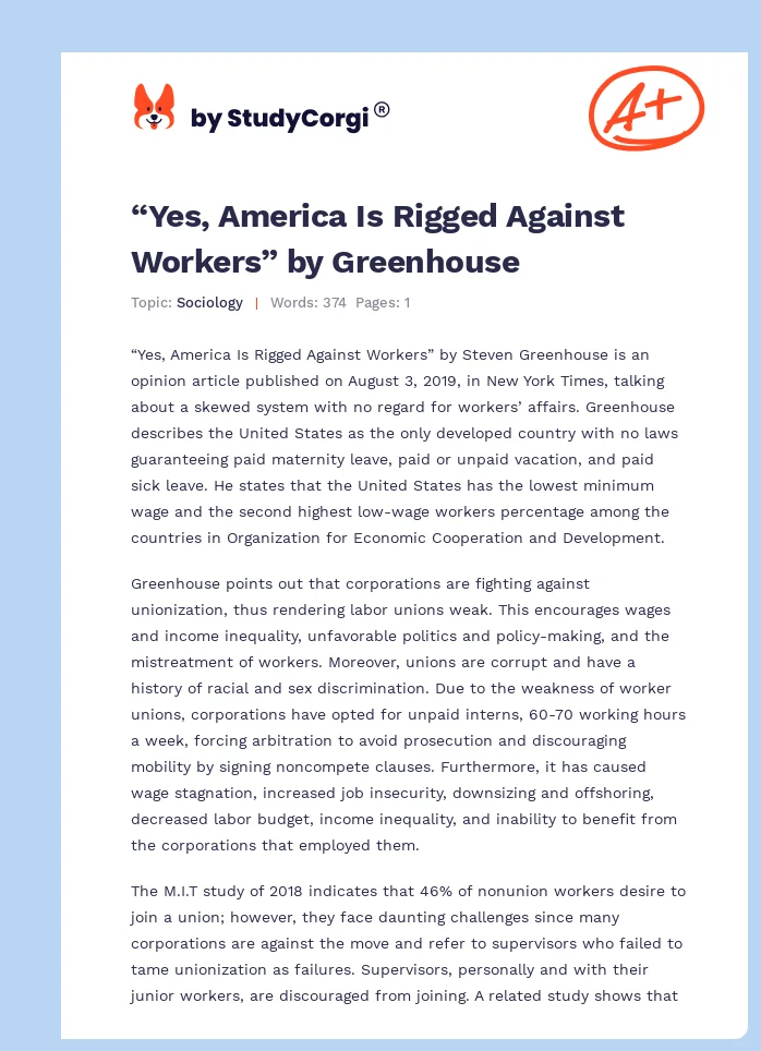 “Yes, America Is Rigged Against Workers” by Greenhouse. Page 1