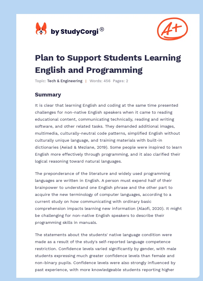 Computer Programming for Non-English Speakers Plan. Page 1