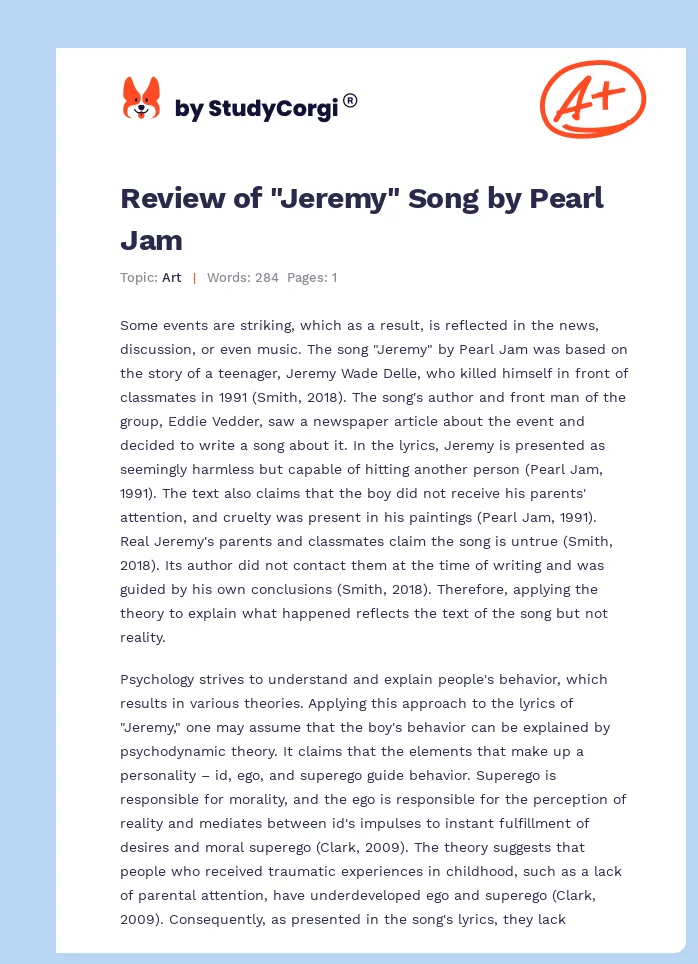 Review of "Jeremy" Song by Pearl Jam. Page 1