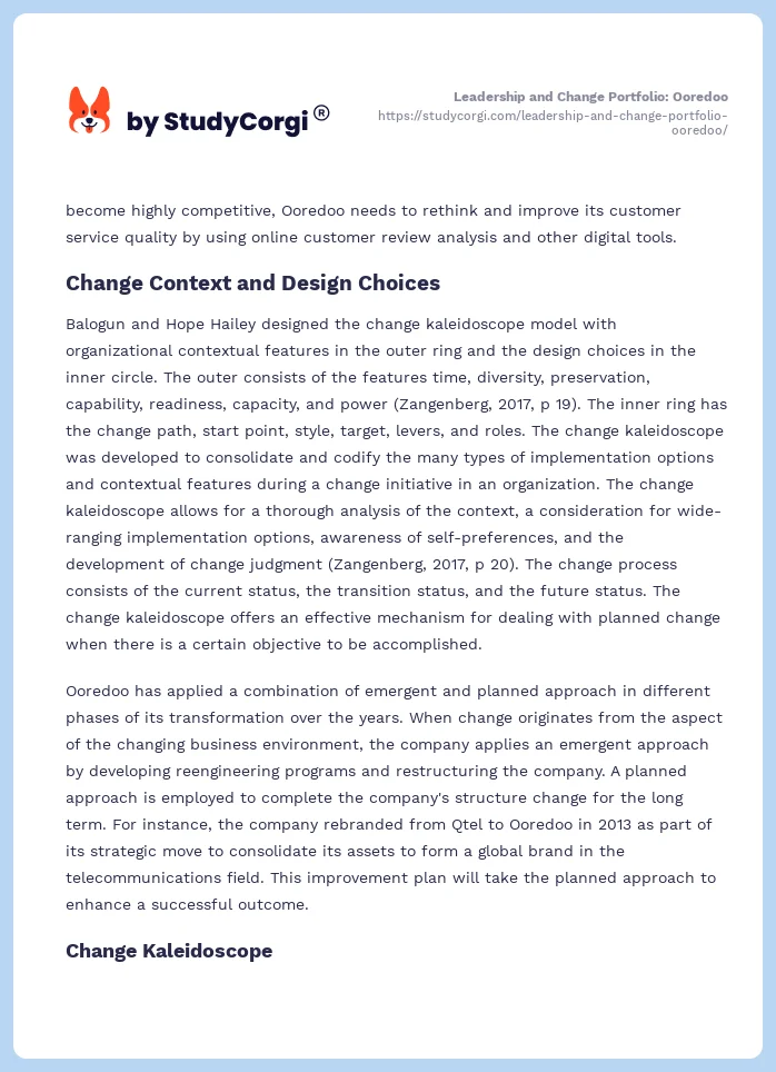 Leadership and Change Portfolio: Ooredoo. Page 2