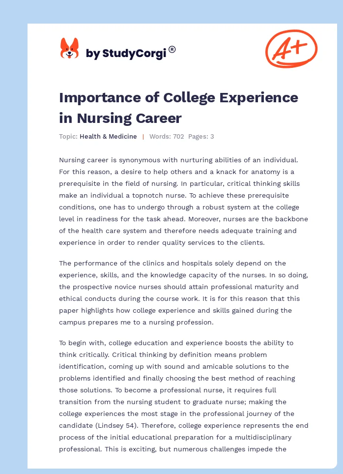 Importance of College Experience in Nursing Career. Page 1
