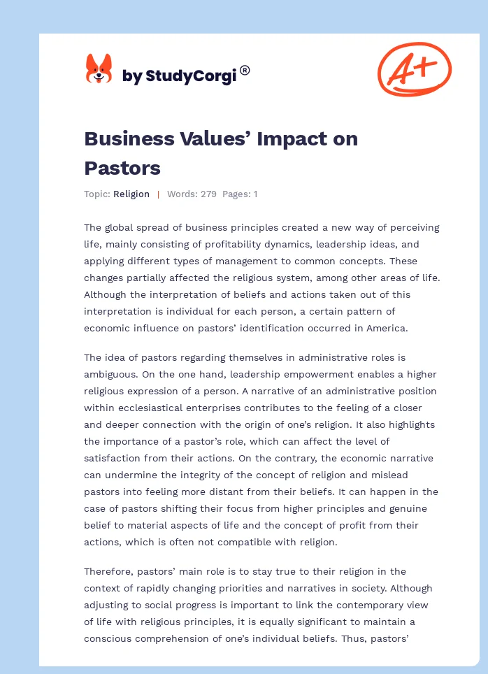 Business Values’ Impact on Pastors. Page 1