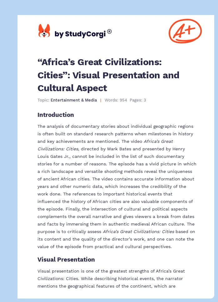 “Africa’s Great Civilizations: Cities”: Visual Presentation and Cultural Aspect. Page 1