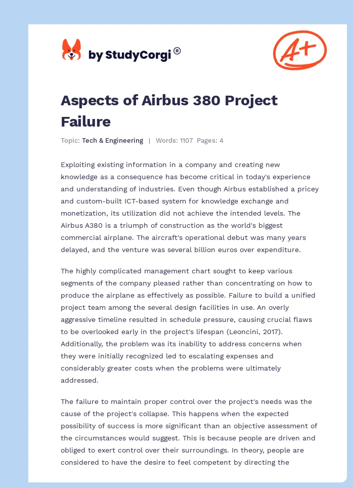 Aspects of Airbus 380 Project Failure. Page 1