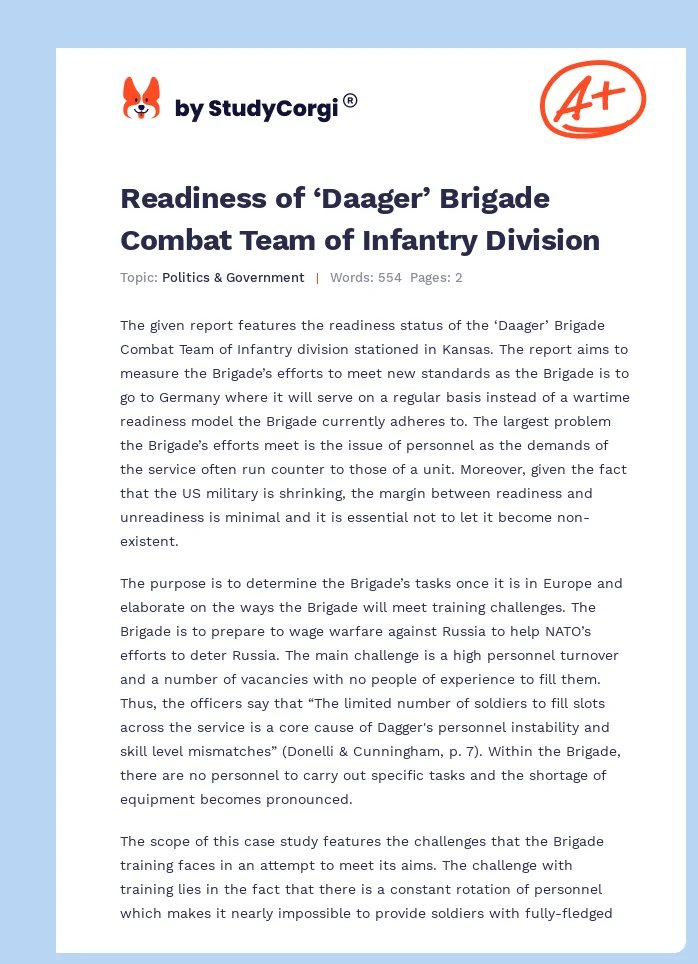 Readiness of ‘Daager’ Brigade Combat Team of Infantry Division. Page 1