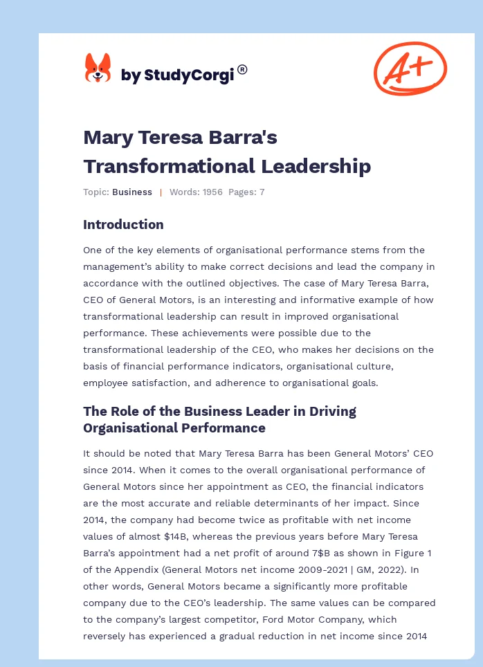 Mary Teresa Barra's Transformational Leadership. Page 1