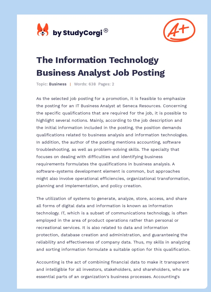 The Information Technology Business Analyst Job Posting. Page 1