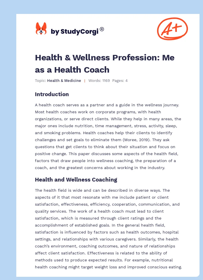 Health & Wellness Profession: Me as a Health Coach. Page 1
