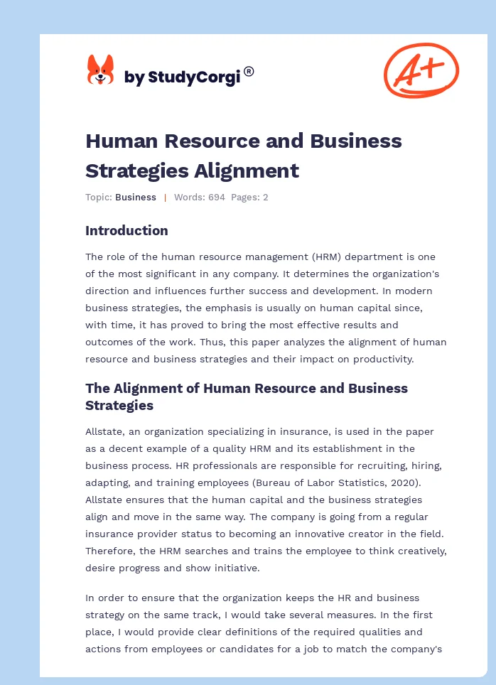 Human Resource and Business Strategies Alignment. Page 1