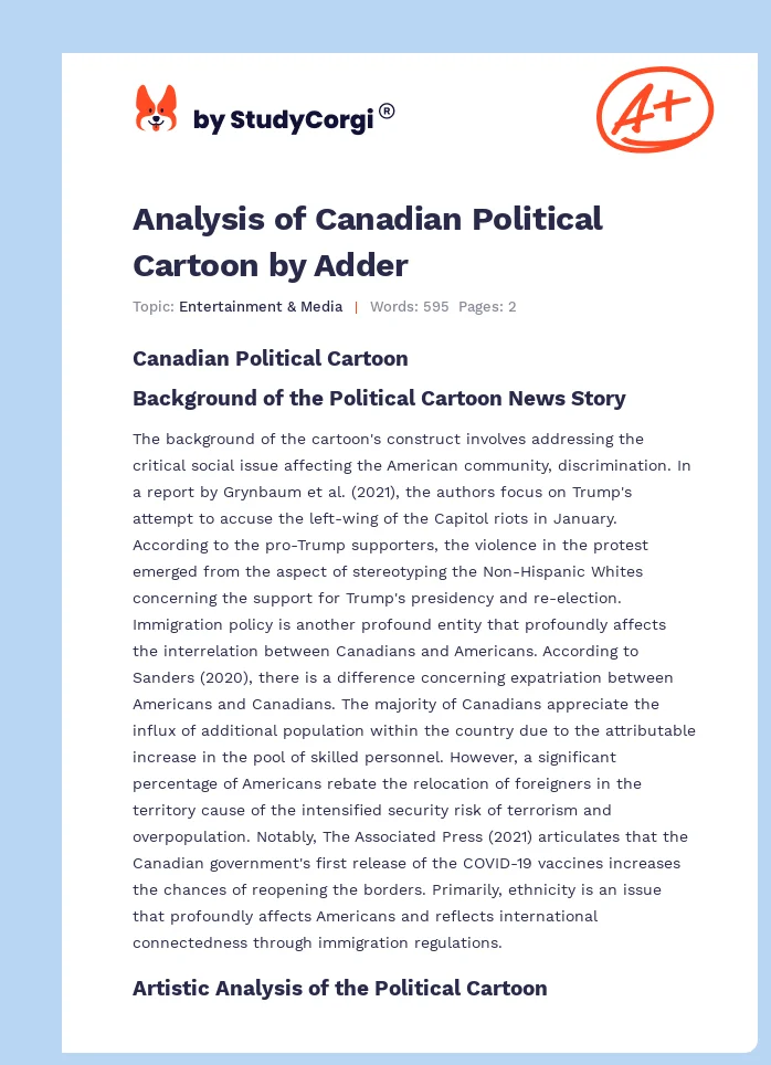 Analysis of Canadian Political Cartoon by Adder. Page 1