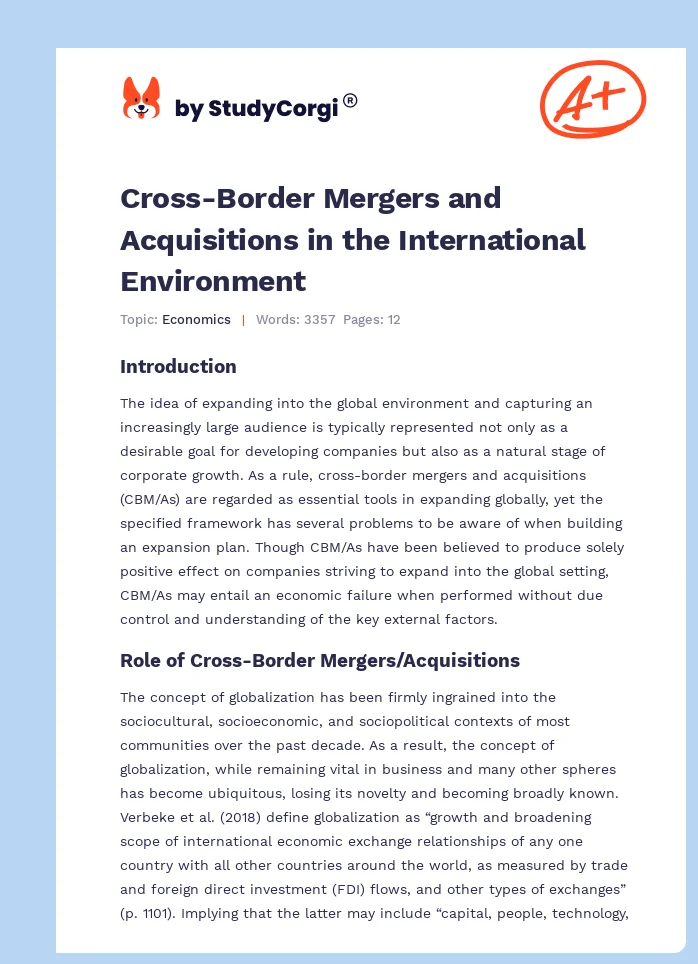 Cross-Border Mergers and Acquisitions in the International Environment. Page 1