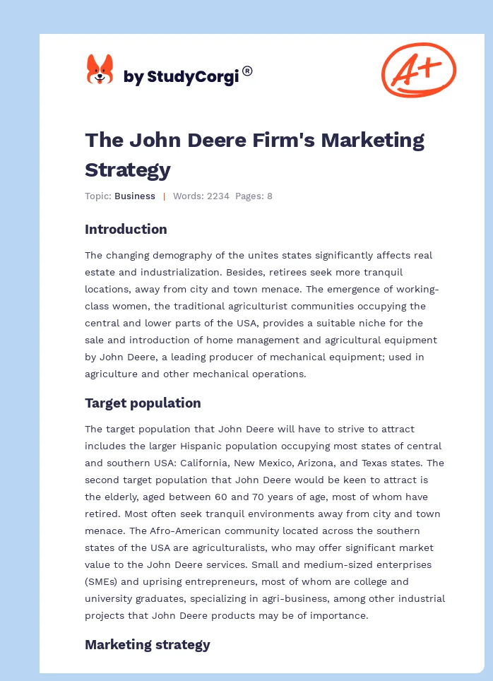 The John Deere Firm's Marketing Strategy. Page 1