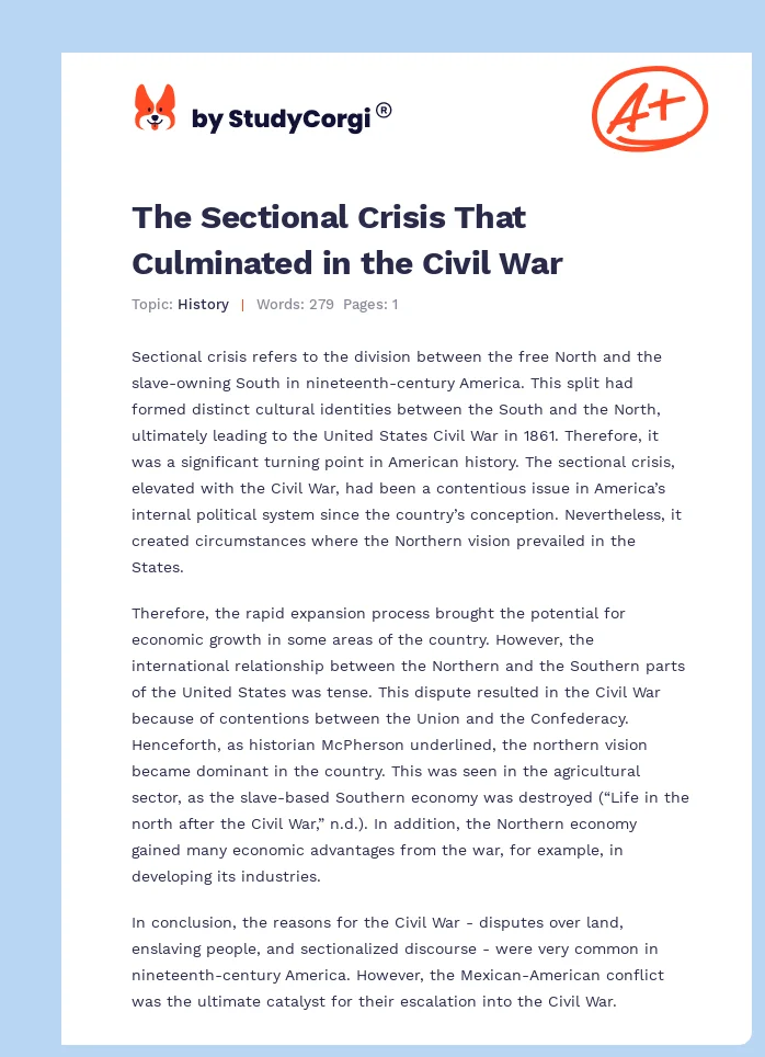 The Sectional Crisis That Culminated in the Civil War. Page 1