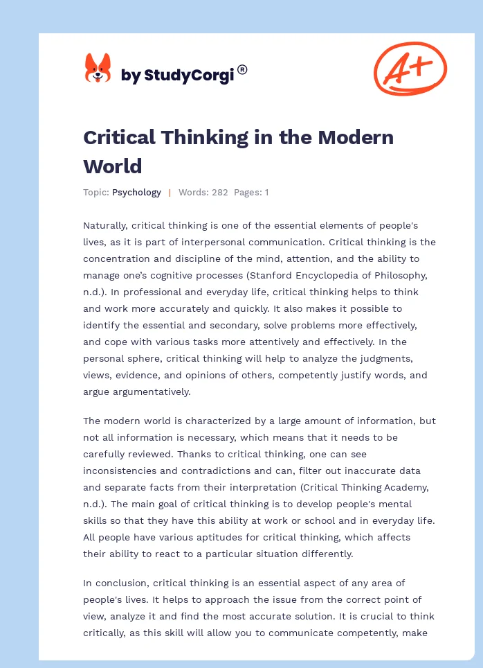 Critical Thinking in the Modern World. Page 1