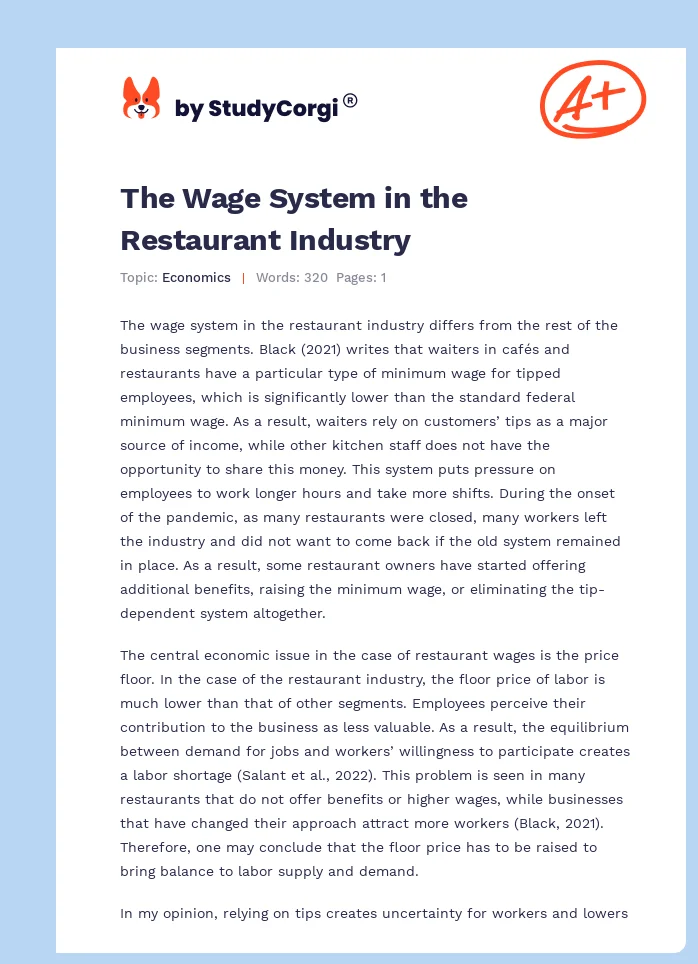 The Wage System in the Restaurant Industry. Page 1