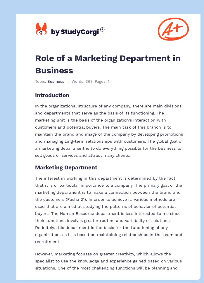 Role of a Marketing Department in Business. Page 1
