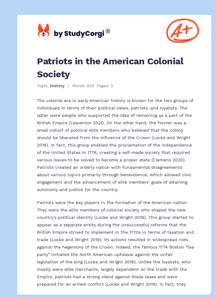Patriots in the American Colonial Society. Page 1