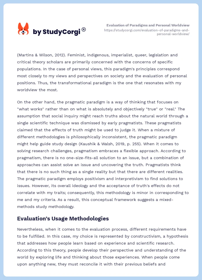 Evaluation of Paradigms and Personal Worldview. Page 2