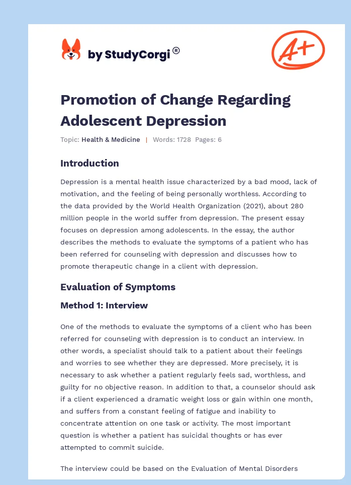 Promotion of Change Regarding Adolescent Depression. Page 1