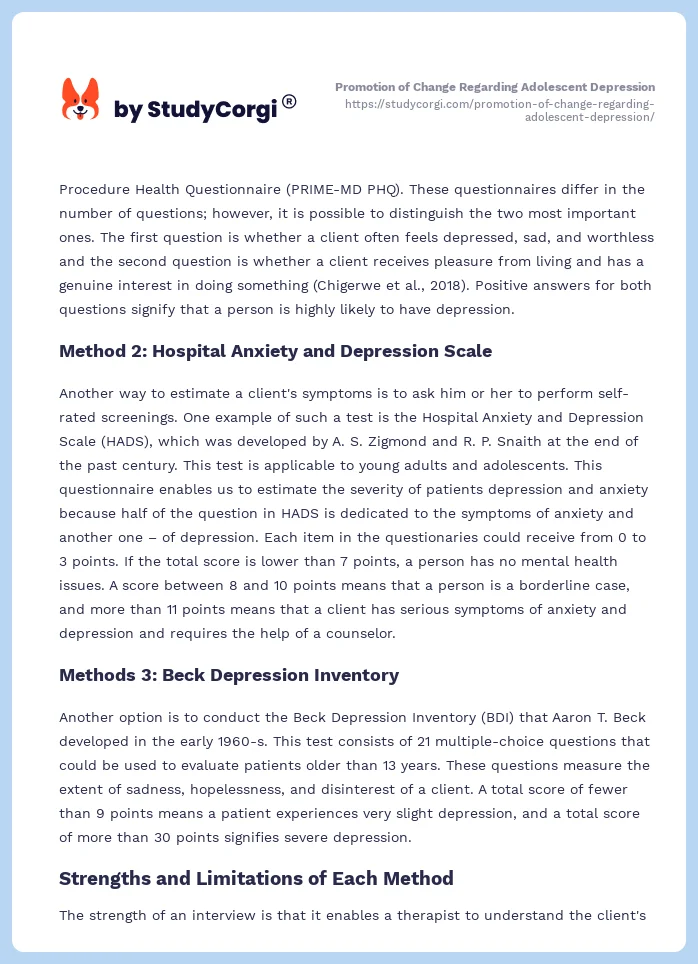 Promotion of Change Regarding Adolescent Depression. Page 2
