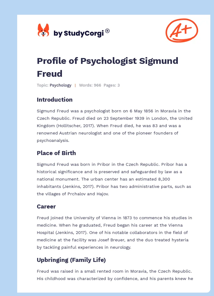 Profile of Psychologist Sigmund Freud. Page 1