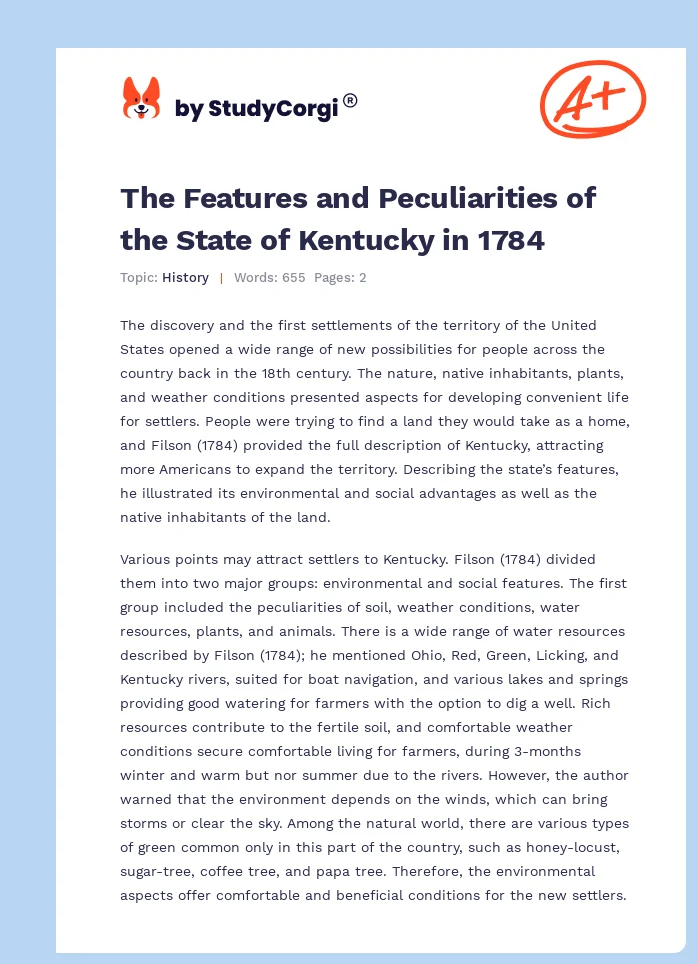 The Features and Peculiarities of the State of Kentucky in 1784. Page 1