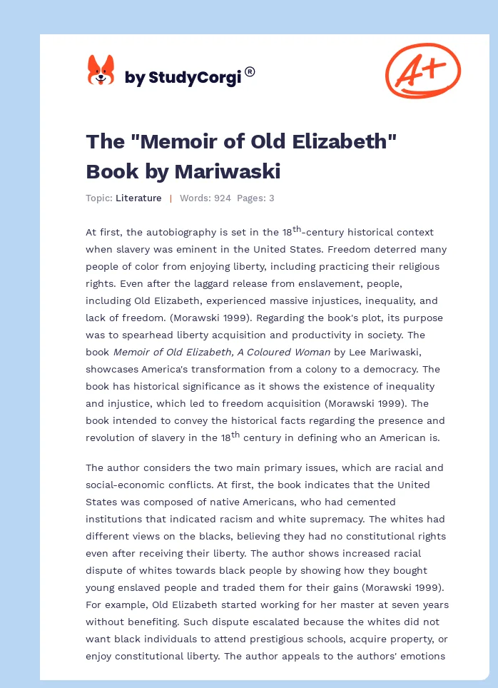 The "Memoir of Old Elizabeth" Book by Mariwaski. Page 1