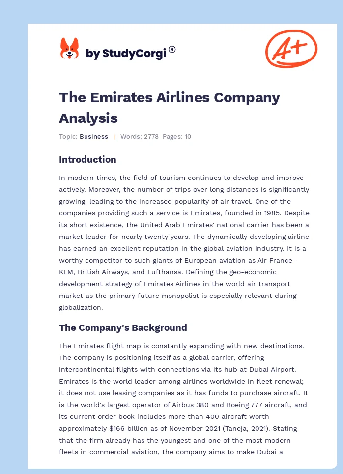 The Emirates Airlines Company Analysis. Page 1