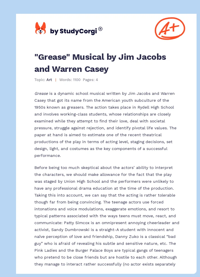 "Grease" Musical by Jim Jacobs and Warren Casey. Page 1