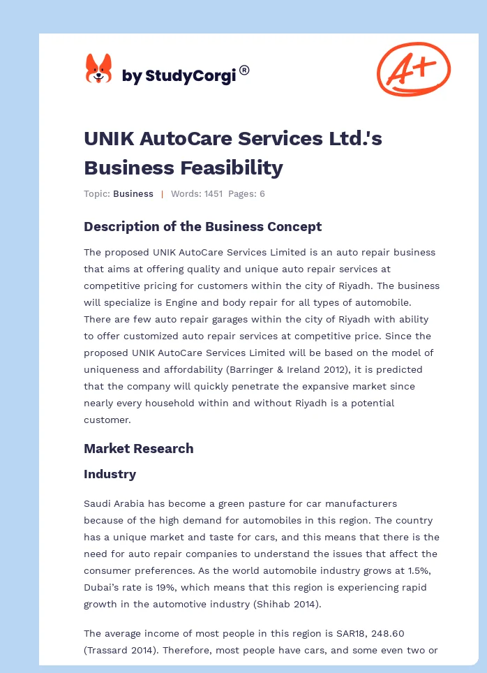 UNIK AutoCare Services Ltd.'s Business Feasibility. Page 1