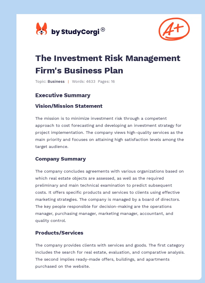 The Investment Risk Management Firm's Business Plan. Page 1