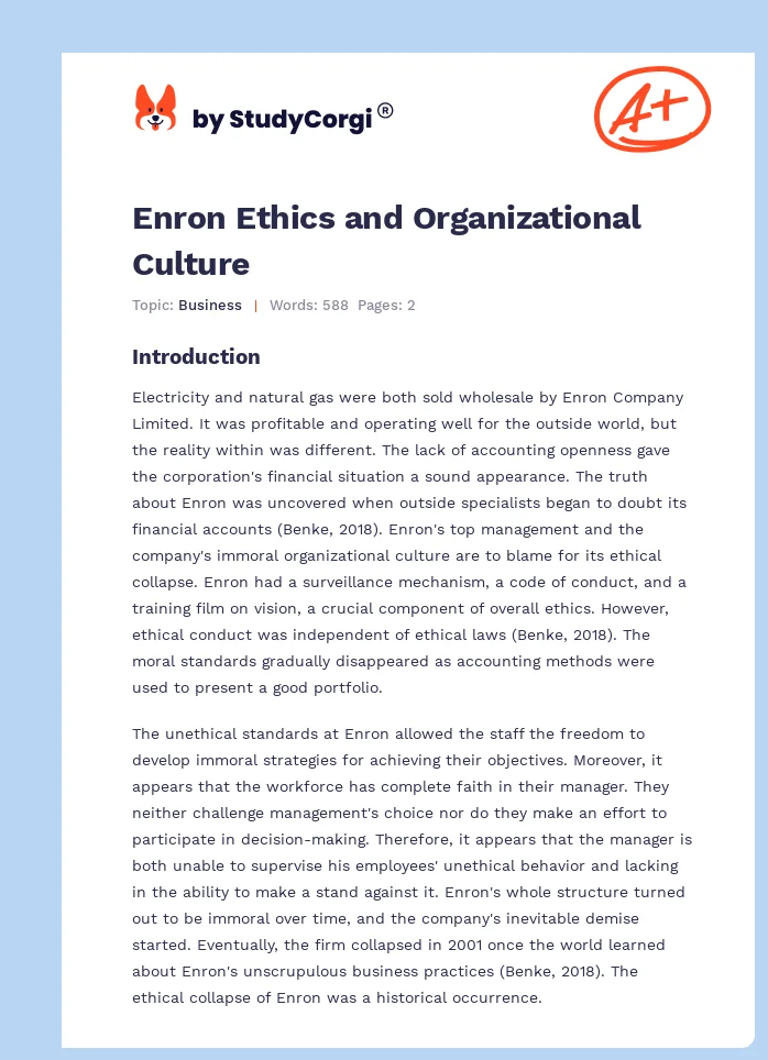 Enron Ethics and Organizational Culture. Page 1