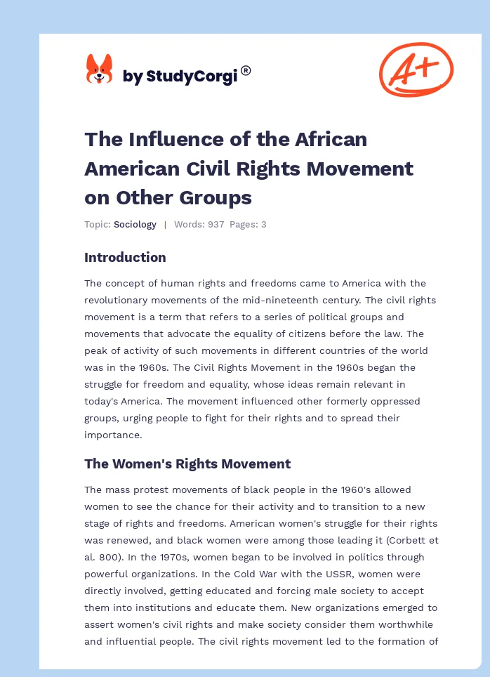 The Influence of the African American Civil Rights Movement on Other Groups. Page 1