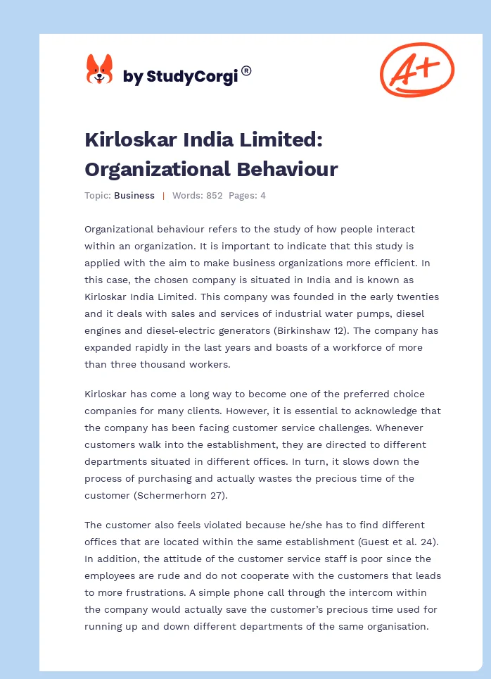 Kirloskar India Limited: Organizational Behaviour. Page 1