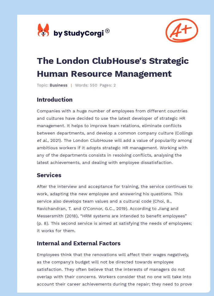 The London ClubHouse's Strategic Human Resource Management. Page 1
