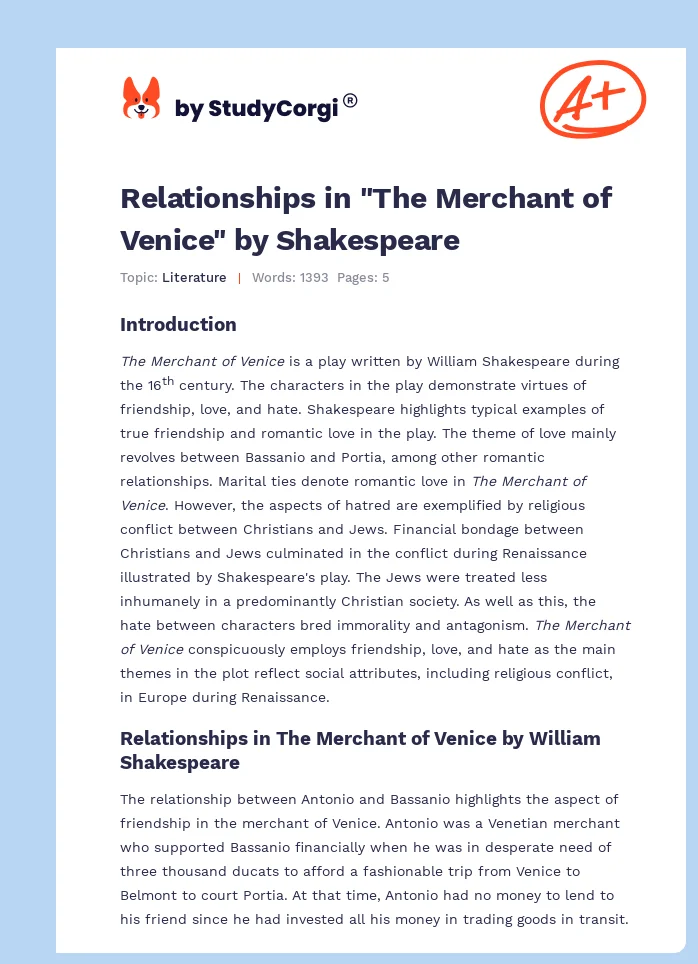 Relationships in "The Merchant of Venice" by Shakespeare. Page 1
