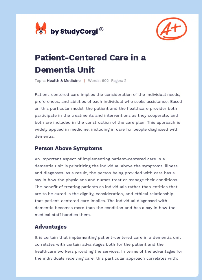 Patient-Centered Care in a Dementia Unit. Page 1
