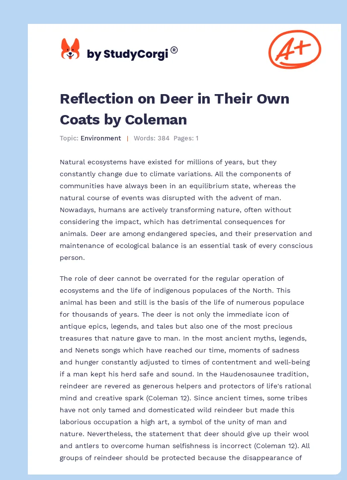 Reflection on Deer in Their Own Coats by Coleman. Page 1
