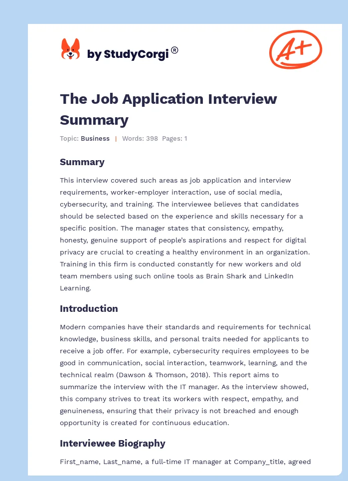 The Job Application Interview Summary. Page 1