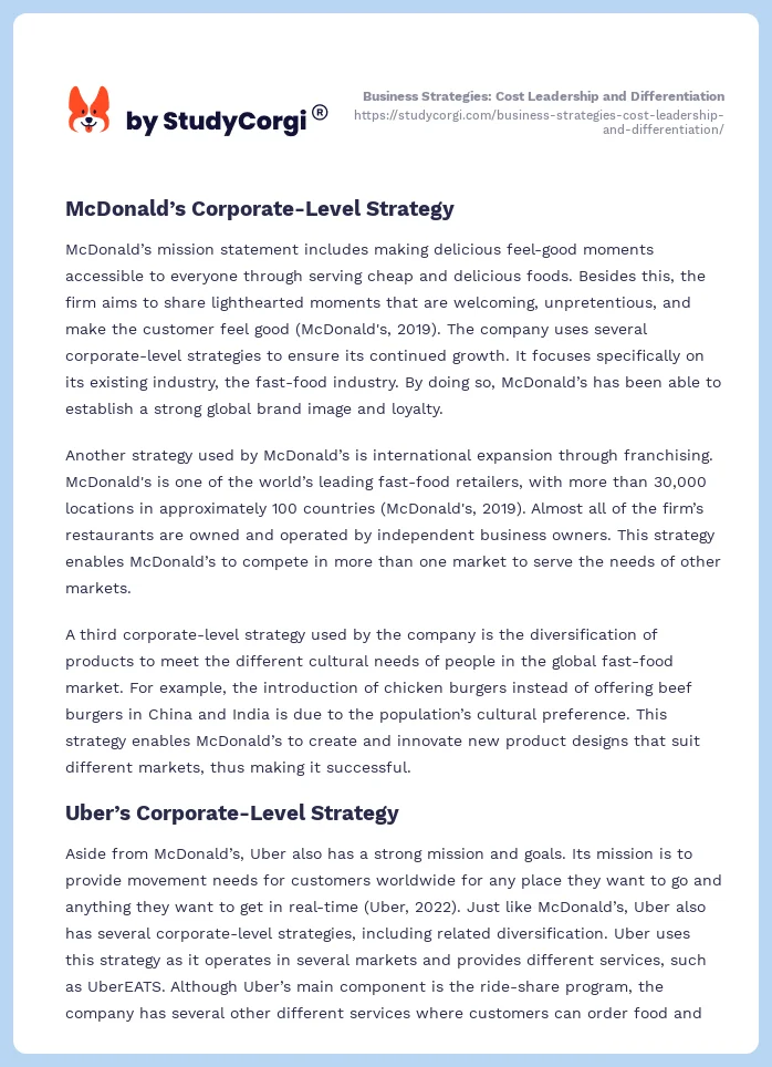 Business Strategies: Cost Leadership and Differentiation. Page 2