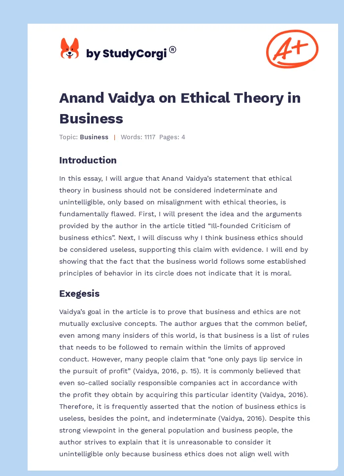 Anand Vaidya on Ethical Theory in Business. Page 1