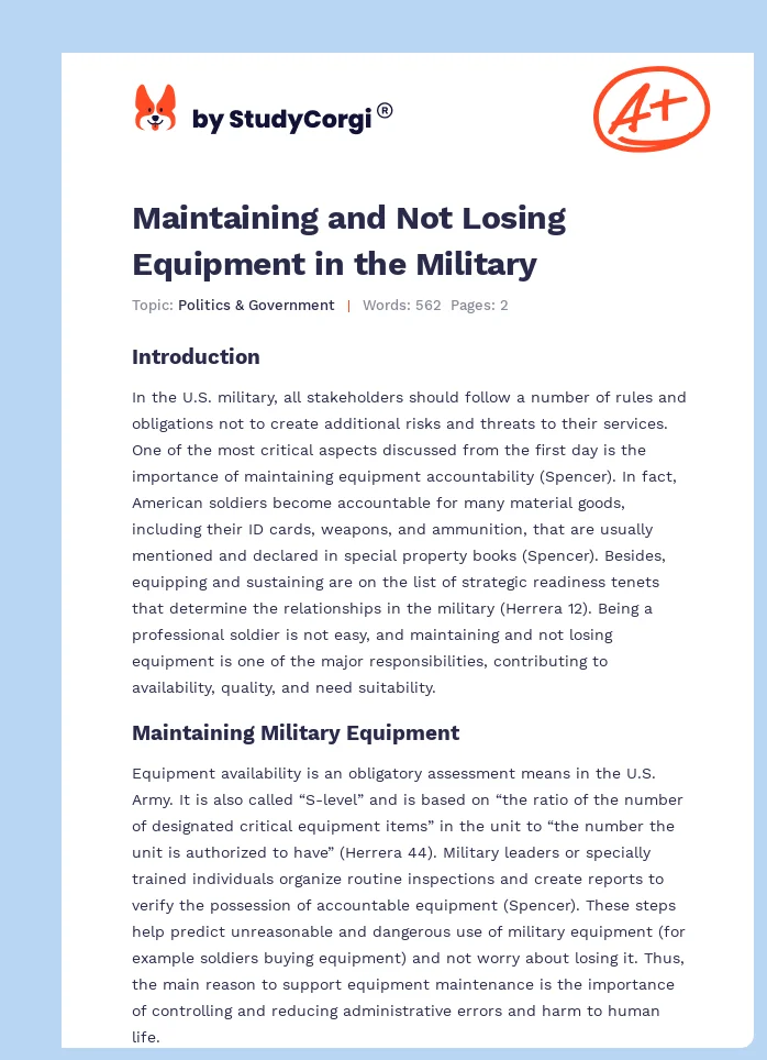 Maintaining and Not Losing Equipment in the Military. Page 1