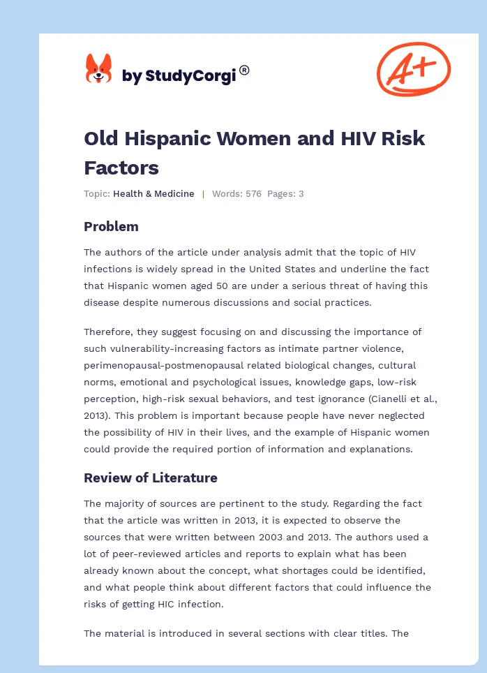 Old Hispanic Women and HIV Risk Factors. Page 1