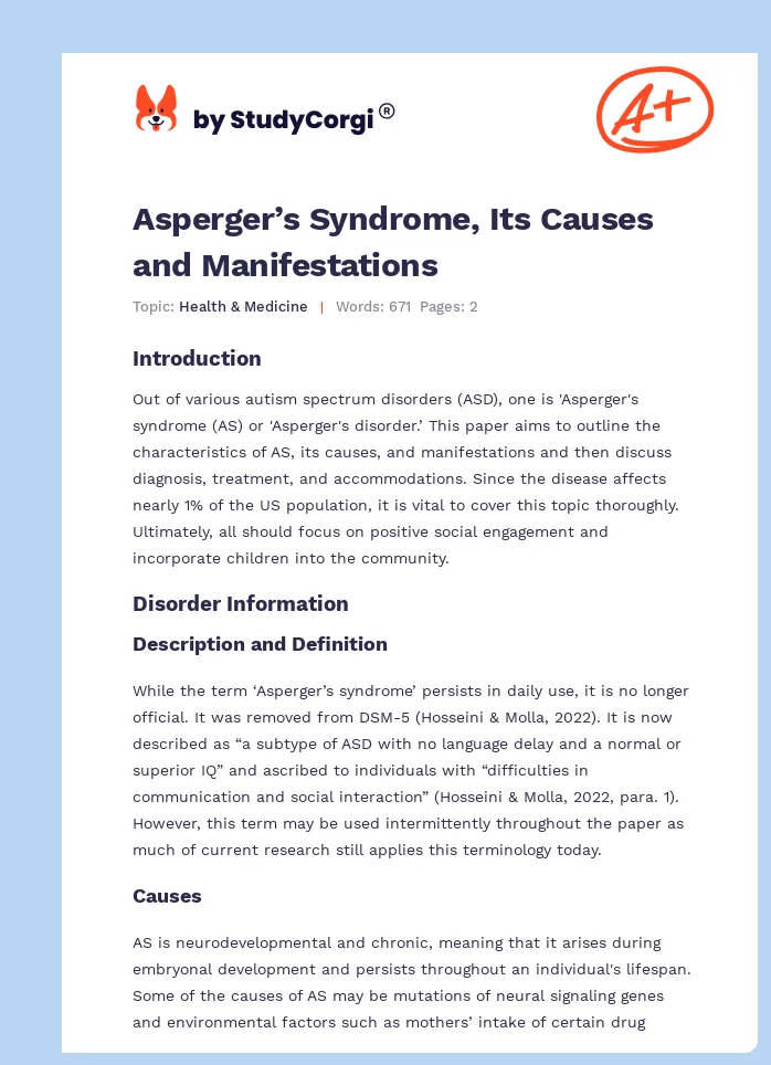 Asperger’s Syndrome, Its Causes and Manifestations. Page 1