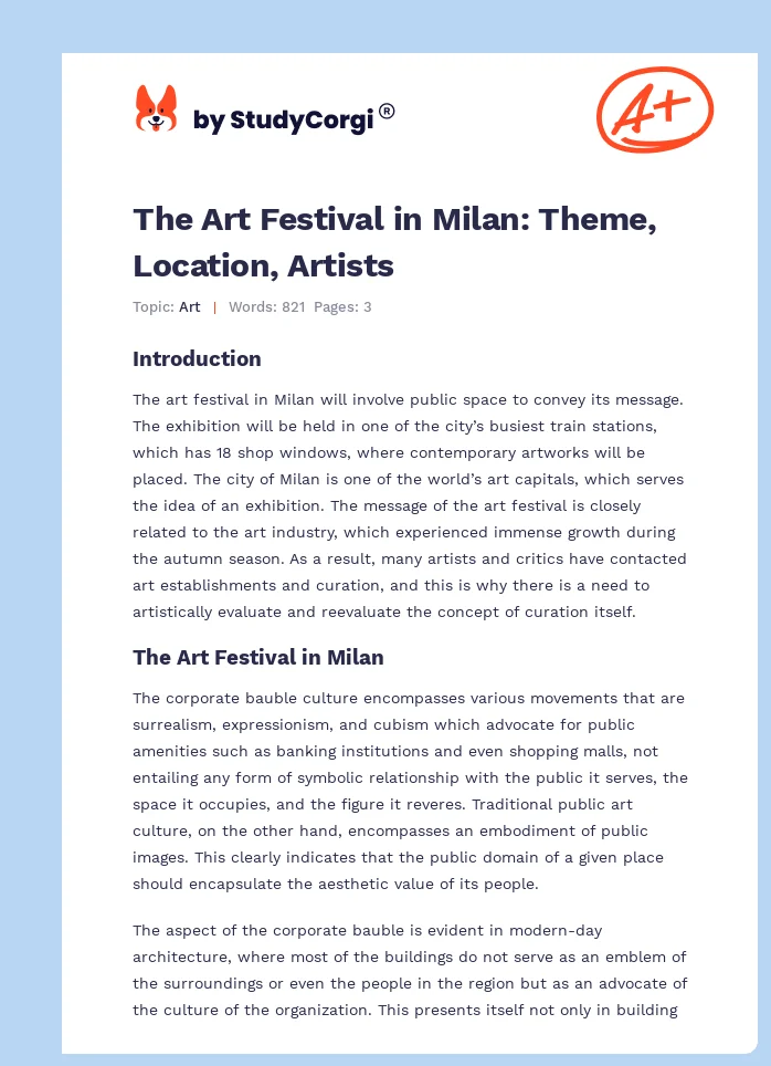 The Art Festival in Milan: Theme, Location, Artists. Page 1