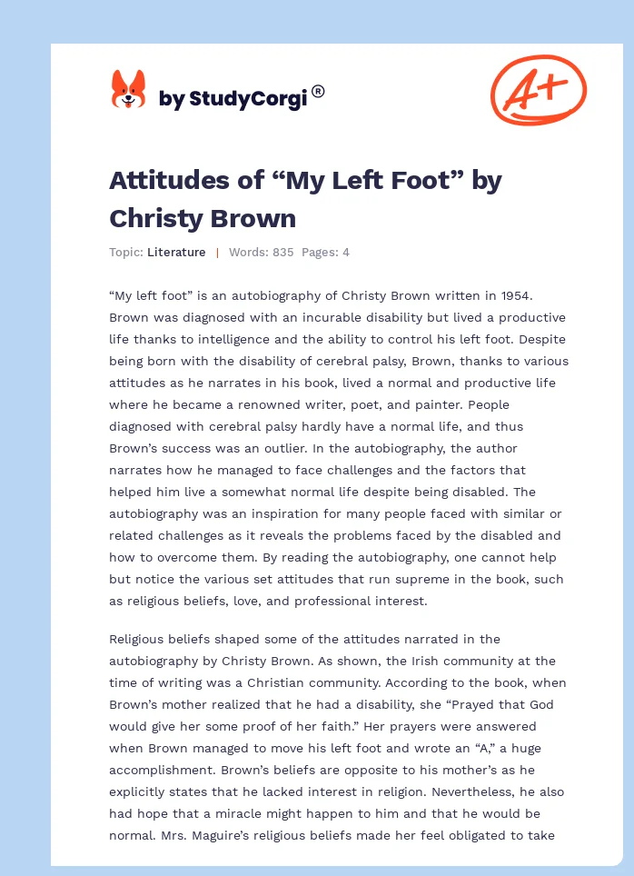 Attitudes of “My Left Foot” by Christy Brown. Page 1