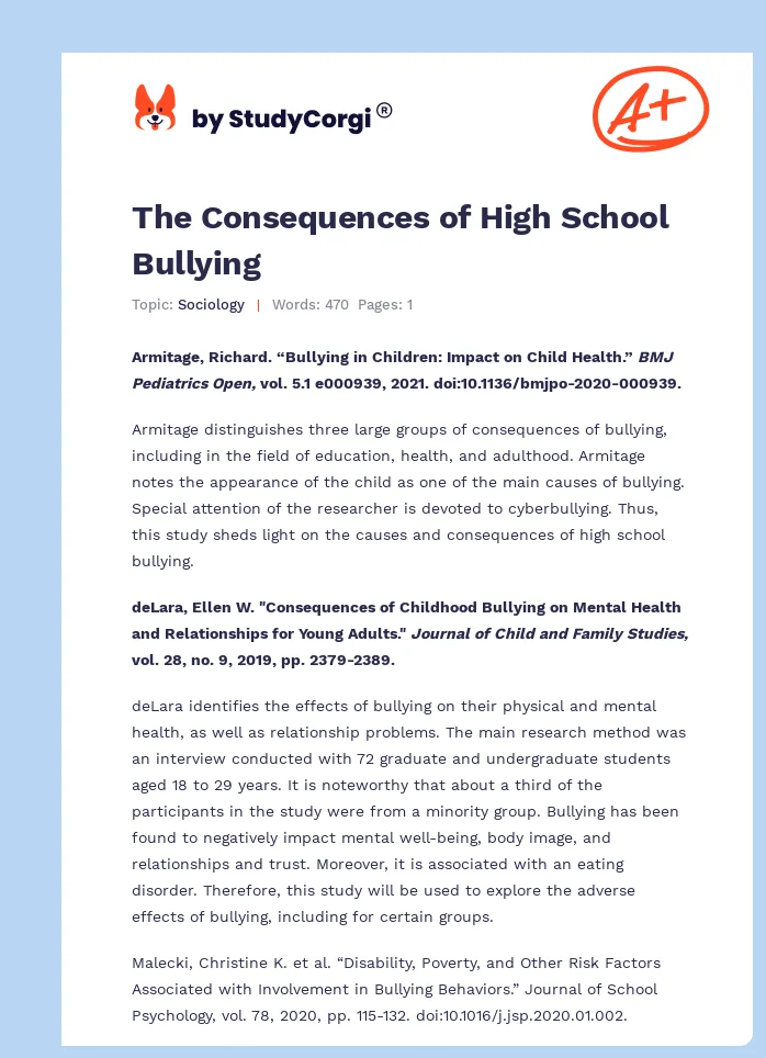 The Consequences of High School Bullying. Page 1