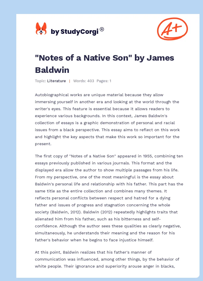 "Notes of a Native Son" by James Baldwin. Page 1